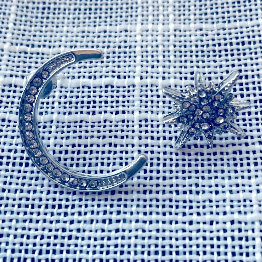 Lunar Asymmetric Moon and Star Rhinestone Earrings Silvertone🆕